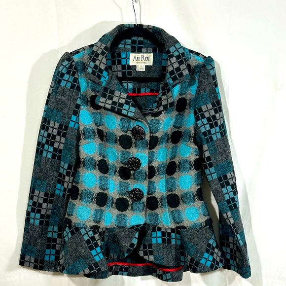 An Ren New York Wool Blend Jacket Medium Gray Blue Black Geometric Peplum Retro - Picture 1 of 8